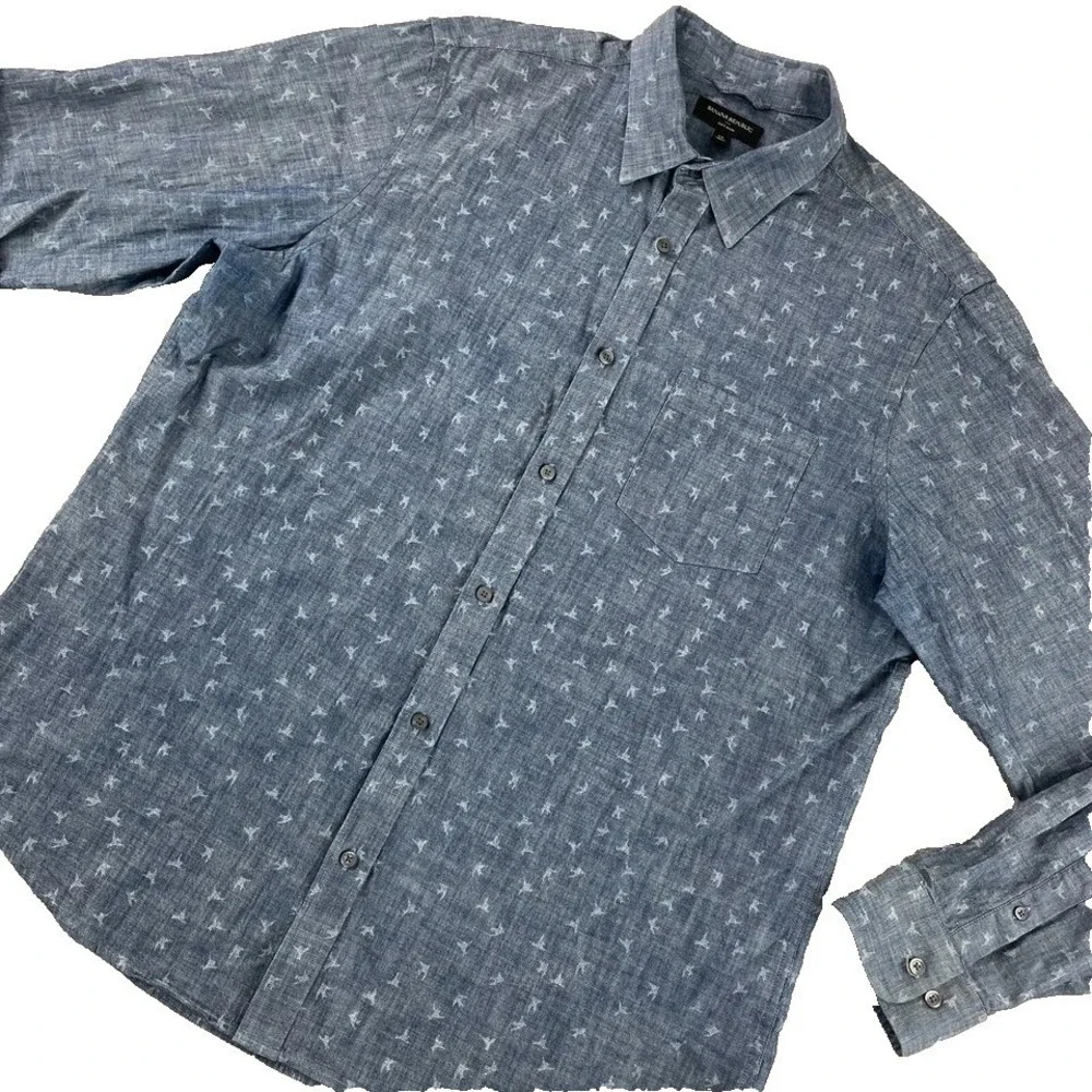 Banana Republic Shirt Mens XL Blue Cotton  Soft Wash Chambray LS Bird Print